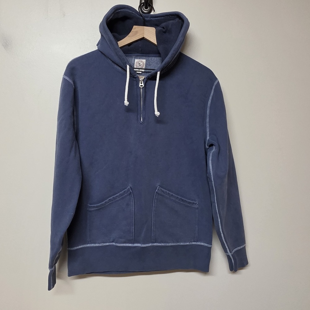 Wallace & Barnes J.Crew Heavyweight Fleece Hoodie Mens S Blue Quarter Zip Cotton